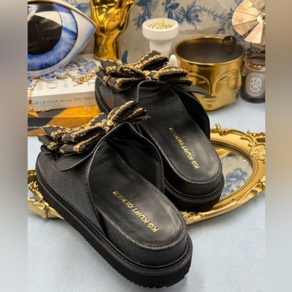 🆕 KG KURT GEIGER 🧿 NWOB Robbie Bow-Embellished Black Raffia Sandals - Sz US 10 - Picture 15 of 16